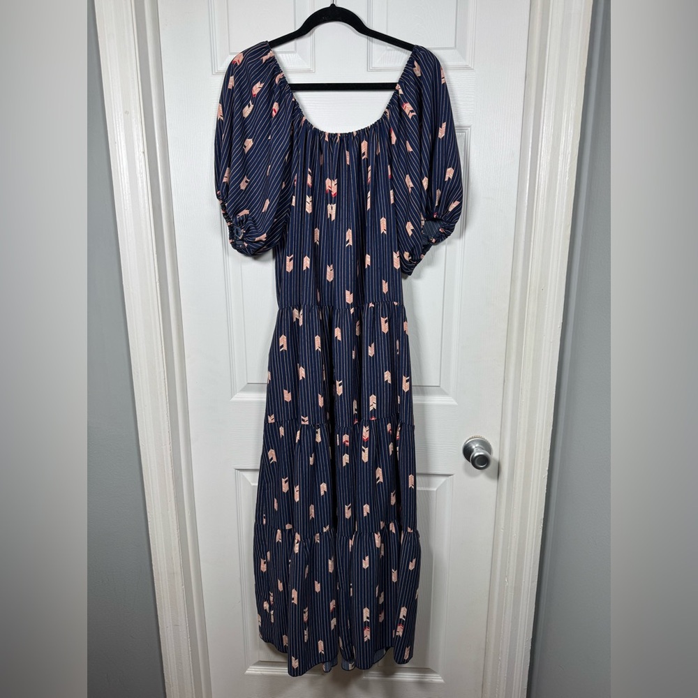 Boho Navy Maxi Dress Puff Sleeve Off Shoulder Cottagecore Large - Picture 7 of 7